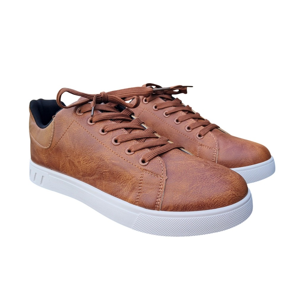 Mañalun Mens Brown Faux Leather Low Top Sneakers Lace Up Casual Shoes EU46